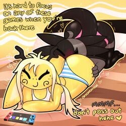 1:1 2024 ambiguous/ambiguous ambiguous_gender amphibian anthro artist_name ass axolotl bangs bed bent_over big_butt biped black_body black_tail blonde_hair blush bodily_fluids closed_eyes clothed clothing deer dialogue digital_drawing_(artwork) digital_media_(artwork) duo english_text face_in_ass featureless_hands floppy_ears freckles front_view furniture hair hand_on_butt heart_symbol hi_res horn kneeling legwear licorice_(oxyoxyoxyox) lop_ears lying male male_(lore) mammal marine mole_salamander monotone_body motion_lines nintendo nintendo_switch on_bed on_front outline oxyoxyoxyox panties salamander smile sweat tail text three-quarter_view toffee_(oxyoxyoxyox) topwear underwear yellow_body