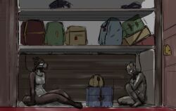 2022 anthro breasts brown_body brown_fur collar colored domestic_cat door door_handle duo felid feline felis female fur grey_body grey_fur inside jeri_kleinlowe leash luggage male mammal muzzle_(object) muzzled nipples nude nude_female nude_male sitting slave storage wall_(structure) white_body white_fur wood wood_wall