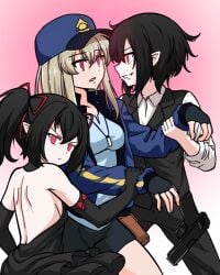 black_hair blonde_hair drooling female_only femsub hat hypnosis hypnotic_eyes long_hair mind_control myuk red_eyes short_hair