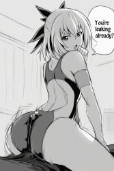 1boy ai-generated armband ass bedroom bulge bulge_on_ass bulge_to_ass buttjob buttjob_over_clothes covered_buttjob female hand_under_chin keijo!!!!!!!! manga_illustration miyata_sayaka motion_lines one-piece_swimsuit speech_bubble