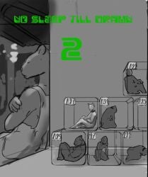 against_surface against_wall ambiguous_species anthro closed_eyes collar cover cover_art cover_page domestic_cat english_text felid feline felis frown green_text greyscale group hi_res inside jeri_kleinlowe kneeling lagomorph leporid macro male mammal micro monochrome nude number product_number rabbit sitting slave sleeping text wide_eyed