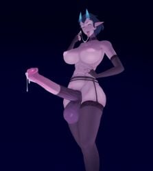 black_hair blue_eyes borrowed_character breasts choker cum elbow_gloves female futanari garter_straps gloves large_breasts penis pointy_ears solo standing thighhighs