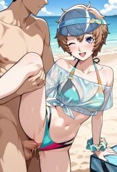 ai_generated beach_sex bikini blue_eyes breasts brown_hair cum cute cute_face deep_penetration dominated hand_on_table horny loving_it medium_breasts motoha_arai one_eye_closed persona_5:_the_phantom_x pounding_pussy pussy raised_leg short_hair standing_sex visible_nipples visor_cap wife