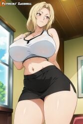 1girls ai_generated anus anus_focus ass_focus big_ass big_breasts crop_top curvy curvy_figure female huge_ass huge_breasts male mature_female miniskirt naruto naruto_(series) on_bed pussy room smile thong tsunade tsunade_(naruto) tsunade_senju zadbhell