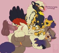 anthro anus avian backsack balls balls_touching beak bird brown_body brown_fur canid canine canis disembodied_penis fur genitals group gryphon hi_res humanoid_genitalia humanoid_penis imminent_anal looking_at_viewer looking_back male male/male mammal mythological_avian mythological_creature mythology open_mouth penis pink_background purple_body purple_fur simple_background sinisterheaven sitting_on_another thick_thighs tongue tongue_out toucan trio wolf yellow_body yellow_fur