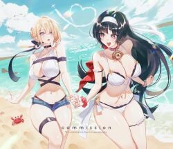 2girls arm_strap astra_yao beach bikini black_choker black_hair blonde_hair blue_shorts blush breasts chest_harness choker cleavage day earrings evelyn_chevalier female hairband harness holding_hands jewelry large_breasts multiple_girls navel necklace open_mouth outdoors pearl_necklace sand short_shorts shorts smile sumustard swimsuit thigh_beads uneven_bangs white_bikini white_hairband zenless_zone_zero