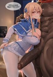 1boy ai_generated bangs blonde_hair blue_capelet blush breasts capelet cleavage clothed_female clothed_female_nude_male clothes_lift clothes_pull clothing dark-skinned_male dark_skin duxvector english_language english_text erection female female grin hair_between_eyes hair_ornament heart heaven_burns_red huge_breasts huge_cock indoors interracial large_breasts large_penis legwear long_hair long_sleeves looking_at_viewer male muscle muscular muscular_male netorare ntr nude nude_male pantyhose penis penis_awe pink_eyes precum red_eyes shirakawa_yuina shirt skirt skirt_lift skirt_pull smile solo_focus standing straight sweat testicles text thighs uniform veins veiny_penis white_legwear white_pantyhose