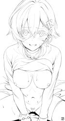 1girl absurdres belle_(zenless_zone_zero) blush bottomless breasts clothes_lift commentary english_commentary female_pubic_hair greyscale hair_between_eyes head_cha_la high_contrast highres large_breasts lineart looking_at_viewer monochrome nipples pubic_hair pussy shirt_lift short_hair simple_background solo straddling thighhighs thighs white_background zenless_zone_zero