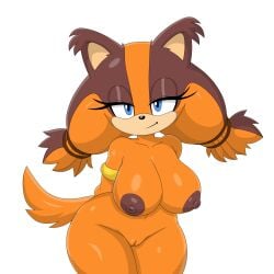 anthro ass badger bedroom_eyes big_breasts blue_eyes breasts digital_media_(artwork) female genitals hair hi_res long_hair looking_at_viewer mammal mustelid musteline narrowed_eyes nipples nude orange_body seductive sega smile solo sonic_boom sonic_the_hedgehog_(series) sticks_the_jungle_badger tail the-sonic-x thick_thighs wide_hips