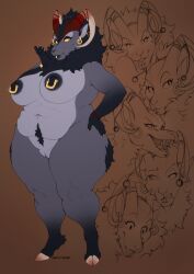 anthro areola black_areola black_body black_fur black_hair black_nipples bovid breasts caprine curled_horn digitigrade ear_piercing ear_ring facial_piercing fangs female francesca_huggins_(sketchybug) fur genitals grey_body grey_fur hair half-closed_eyes hi_res hooves horn humanoid_genitalia humanoid_vulva kaylii lip_piercing lip_ring love_handles mammal narrowed_eyes navel navel_piercing neck_tuft nipple_piercing nipple_ring nipples open_mouth open_smile overweight overweight_anthro overweight_female piercing pubes pussy ring_piercing sheep smile smirk smug smug_face teeth tuft vertical_labret_piercing vulva wide_eyed yellow_sclera