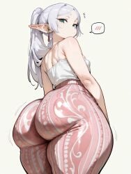 ai_generated bare_thighs big_ass big_butt elf elf_ears elf_female fat_ass female forbidden_pants frieren gigantic_ass green_eyes huge_thighs light-skinned_female light_skin looking_back low-angle_view massive_ass mature_female oatmealdood small_breasts solo_female sousou_no_frieren squatting sweat sweatdrop tank_top thick_body thick_female thick_thighs thighs twintails voluptuous voluptuous_female white_hair