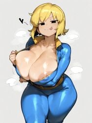 ai_generated areolae_visible_through_clothing bare_thighs black_eyes blonde_hair bodysuit fallout gigantic_breasts huge_areolae huge_breasts huge_thighs light-skinned_female light_skin looking_at_viewer massive_breasts oatmealdood oiled_body oiled_skin short_hair solo_female squatting sweat sweatdrop thick_body thick_female thick_thighs thighs tongue_in_mouth unzipped unzipped_bodysuit vault_girl voluptuous voluptuous_female