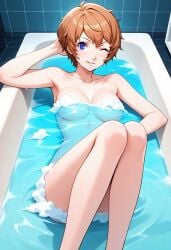 ai_generated bath bathroom blue_eyes breasts brown_hair cum_on_hair cute_face motoha_arai perfect_legs persona_5:_the_phantom_x sexy_pose short_hair sideboob soap_bubbles thick_thighs underboob wife winking_at_viewer