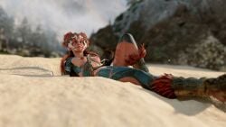 aloy breasts_out distracted green_eyes guerilla_games horizon_forbidden_west red_hair tribal