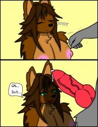 absurd_res anthro beach big_breasts big_penis black_border bodily_fluids border breasts brown_body brown_fur brown_hair canid canine canis comic detailed_background dialogue duo english_text female fluffy fluffy_tail fur genital_fluids genitals green_eyes grey_body grey_fur grey_hair hair hi_res kneeling male male/female mammal muscular muscular_male neck_tuft nipples nude nude_anthro nude_beach nude_female nude_male penis penis_in_face pink_nipples precum reena_dreamer regret sand sharp_teeth short_comic sign sitting size_difference smile speech_bubble tail teeth text tuft vein veiny_penis wolf
