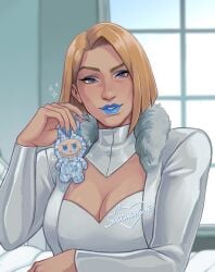 artist_name blonde_hair blue_eyes blue_eyeshadow blue_fingernails blue_lipstick busty cleavage emma_frost labubu light-skinned_female light_skin marvel marvel_comics mutant succubashe white_outfit x-men