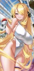 bare_shoulders blonde_hair blurry blush breasts female green_eyes grin groin hair_over_one_eye highleg highleg_swimsuit holding holding_poke_ball large_breasts long_hair poke_ball poke_ball_(generic) shirona_(pokemon) smile solo swimsuit very_long_hair