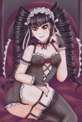 1girls bed black_hair breast bustier celestia_ludenberg danganronpa drill_hair earrings female female_only gloves human lewdlilies lingerie nail_polish nipples pillow pussy red_eyes smiling solo stocking straight_hair