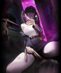 1boy 1girls animated belt belt_collar big_breasts black_collar black_hair blue_skirt blush brown_eyes collar female_domination goddess_of_victory:_nikke jacket light-skinned_female light_skin long_hair long_sleeves no_sound open_clothes open_jacket pantyhose skirt smile sora_(nikke) tagme thigh_strap twintails video white_shirt