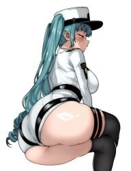 1girls aqua_hair arched_back ass belt big_breasts black_belt black_thighhighs blush breasts closed_mouth commentary crossed_legs feet_out_of_frame female from_side goddess_of_victory:_nikke half-closed_eyes hat high_belt invisible_chair jacket jamjamstyle large_breasts long_hair long_sleeves looking_ahead military_hat military_uniform peaked_cap privaty_(nikke) profile shade short_shorts shorts simple_background sitting skindentation solo thick_thighs thigh_strap thighhighs thighs twintails very_long_hair white_background white_hat white_jacket white_shorts yellow_eyes