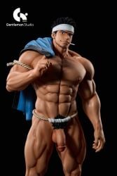 1boy abs bara biceps black_background black_hair broad_shoulders brown_eyes cigarette earrings facial_hair figure_(medium) gentleman_18_studio_(yaoi_figures) goatee_stubble grin headband highres jewelry large_pectorals large_penis male male_focus muscular muscular_male nipples original pectorals penis single_earring smile solo stubble white_headband zifu
