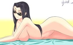 artist_request ass black_hair breasts brown_eyes female glasses kuroko_smith large_breasts long_hair looking_over_eyewear looking_over_sunglasses lying monster_musume_no_iru_nichijou nude on_stomach smile solo sunglasses tinted_eyewear