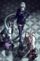 3girls all_fours armbinder bdsm bitchsuit bondage collar dominant_female domination female female_only femdom femsub gag gagged harness harness_gag harness_ring_gag leash leash_and_collar leather_harness multiple_girls multiple_subs open_mouth_gag pet_play pointed_ears reversetension ring_gag scales submissive submissive_female tongue tongue_out