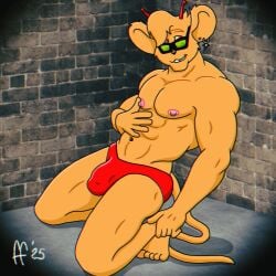 2025 5_fingers 5_toes abs alien antennae_(anatomy) anthro biker_mice_from_mars black_nose brick_wall briefs buckteeth bulge chromatic_aberration clothed clothing detailed_bulge digital_drawing_(artwork) digital_media_(artwork) ear_piercing ear_ring fabfelipe feet fingers fur genital_outline hair hand_on_own_belly hi_res male mammal mouse murid murine muscular muscular_anthro muscular_male navel nipples orange_body orange_fur orange_hair pecs penis penis_outline piercing pink_nipples pinup pose red_briefs red_clothing red_eyes red_underwear ring_piercing rodent smile solo tail teeth throttle_(bmfm) toes topless topless_anthro topless_male underwear wall_(structure) wearing_eyewear yellow_sclera