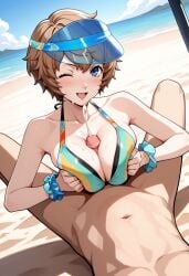 ai_generated beach bikini blue_eyes breast_squeeze breasts brown_hair cum cum_on_breasts cum_on_face motoha_arai paizuri persona_5:_the_phantom_x pretty reward sexy short_hair smile soft_breasts swimsuit tittyfuck visor_cap wanting_more wife winking_at_viewer