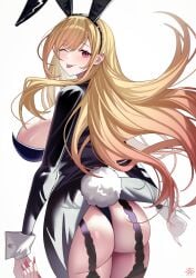 1girls absurdres animal_ear_hairband animal_ears ass black_coat blonde_hair blush breasts coat coattails commentary_request cowboy_shot ear_piercing earrings fake_animal_ears female fingernails from_behind gradient_hair hairband highres huge_ass jewelry kitagawa_marin large_breasts leotard long_fingernails long_hair looking_at_viewer looking_back multicolored_hair nail_polish one_eye_closed piercing playboy_bunny rabbit_ear_hairband rabbit_ears rabbit_tail red_eyes red_hair red_nails sideboob simple_background smile solo sono_bisque_doll_wa_koi_wo_suru tail tansuan_(ensj3875) thighs tongue tongue_out white_background white_wrist_cuffs wrist_cuffs