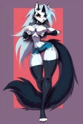 1girls ai_generated anthro ass bare_arms bare_breasts bare_legs bare_shoulders bare_thighs big_ass big_breasts booty_shorts breasts chest_tuft ear_piercing ears female female_focus female_only fingerless_gloves furry furry_female gigiti grabbing_own_breast grey_body grey_fur grey_hair hellhound helluva_boss large_breasts long_hair looking_at_viewer loona_(helluva_boss) nipples red_sclera shorts smile solo solo_female spiked_collar tail thick_thighs thighhighs topless topless_female two_tone_body two_tone_fur white_body white_fur wide_hips wolf wolf_girl