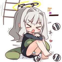 >_< :o ? barefoot black_shirt blue_archive blunt_bangs blush closed_eyes commentary_request female full_body grey_hair halo hana_kazari hare_(blue_archive) highres knees_up ladder long_hair long_sleeves open_mouth panties shirt simple_background sitting solo underwear white_background white_panties yellow_halo