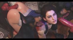 3d all_fours anal artist_request ass big_penis brown_hair canid canine canine_penis canis domestic_dog female feral fingerless_gloves gloves jill_valentine knot letterboxed male penis resident_evil tongue tongue_out zoophilia