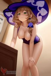 1girls 2d ai_generated ass big_ass breasts erophoenix female female_focus full_body genshin_impact lisa_(genshin_impact) long_hair looking_at_viewer medium_breasts nipples patreon_username solo solo_female sweat thick thick_thighs uncensored witch_hat