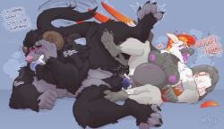 absurd_res animal_genitalia anthro anthro_on_anthro anthro_penetrated anthro_penetrating anthro_penetrating_anthro avian belly big_belly big_fangs bird black_body black_fur blue_background blush bodily_fluids bovid breasts caprine caprine_demon cum cum_in_vagina cum_inside demon dinosaur dromaeosaurid duo fangs female female_penetrated fur genital_fluids genitals goat_demon grey_body grey_fur hi_res horn inflation knot knot_root knotted_penis knotting lying male male/female male_penetrating male_penetrating_female mammal nipples nude nude_anthro nude_female nude_male on_side open_mouth paws penetration penile penile_penetration penis penis_in_vagina prehistoric_species pussy reptile scalie sex sheath simple_background sinisterheaven size_difference teeth theropod tongue tongue_out vaginal_penetration vulva wings