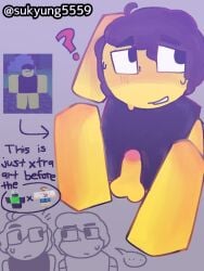 1boy 1male arrow_(symbol) blocky_body blush dick_out english_text focus forsaken_(roblox) gay hand_on_head male male_only nervous nervous_smile nervous_sweat no_clothes no_clothing penis_out roblox robloxian self_upload shedletsky shedletsky_(forsaken) shy smiling_at_viewer solo solo_male square_crossover sukyung5559 sweating tagme text watermark yellow_skin