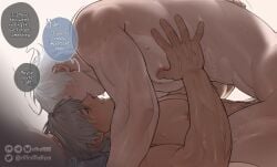 2boys anal blue_eyes bluesky_logo bluesky_username commentary completely_nude crossover english_commentary english_text from_side gojou_satoru grey_hair hand_on_another's_back hand_on_another's_chest hatake_kakashi jujutsu_kaisen lying male_focus male_penetrated multiple_boys naruto_(series) nipples nude on_back parted_bangs parted_lips patreon_logo patreon_username pectorals riffraffhellyea sex speech_bubble straddling sweat teeth twitter_logo twitter_username veins veiny_arms veiny_hands white_hair yaoi
