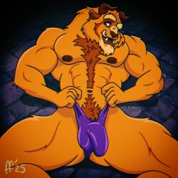 1:1 2025 2_horns anthro balls balls_outline beast_(disney) beauty_and_the_beast blue_eyes body_hair brown_body brown_fur brown_nipples brown_nose bulge chest_hair clothed clothing clothing_pull detailed_bulge digital_drawing_(artwork) digital_media_(artwork) disney eyebrows fabfelipe fur genital_outline hi_res horn licking licking_lips licking_own_lips lying male male_only mammal muscular muscular_anthro muscular_male navel nipples on_back penis penis_outline pink_tongue pinup pose purple_clothing purple_thong purple_underwear solo teeth thong thong_only thong_pull tongue tongue_out topless topless_anthro topless_male underwear underwear_only underwear_pull