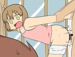 1boy 2girls accurate_art_style ass ayumu_niikura bar_censor blonde_hair blush brown_hair caught_in_the_act censored censored_penis city_(arawi_keiichi) echi_no_tami looking_at_another nagumo_midori open_mouth penetration penis pink_shirt scene_reference sex shirt shocked_expression short_hair shorts shorts_down sweat testicles white_shorts wide-eyed yellow_eyes