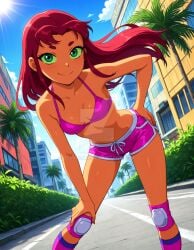 2025 ai_generated belly cartoon_network city_background closed_mouth dc dc_comics dcau deviantart elryusam female green_eyes_female hand_on_hip hand_on_leg long_hair_female looking_at_viewer meta mouth_closed pink_legwear pink_shorts pink_socks pink_topwear red_eyebrows red_hair_female smile_at_viewer smiling_at_viewer starfire starfire_(comics) starfire_(teen_titans) teen_titans tummy