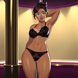 1girls ai_generated arcane arm_behind_head black_bra black_lace black_lace_bra black_lace_panties black_panties bra breasts breasts brown_hair brown_skin cleavage exotic_dancer female female female_focus female_only grabbing grabbing_pole hips lace_bra lace_panties league_of_legends lingerie looking_at_viewer pole pole_dancer pole_dancing pose posing posing_for_the_viewer short_hair sky_young smile solo solo_female solo_focus standing stripper stripper_clothes stripper_pole