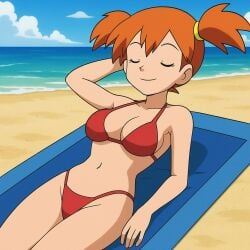 ai_generated beach bikini breasts breasts breasts closed_eyes ginger ginger_female ginger_hair kasumi_(pokemon) sexy
