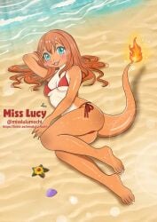 anthro beach bikini bikini_bottom bikini_thong bikini_top breasts charmander clothing english_text female fire flaming_tail generation_1_pokemon hair humanoid interspecies long long_hair misslulumochi nintendo pokemon pokemon_(species) pokemorph pokephilia reptile scalie solo sparkles summer swimwear tail text two-piece_swimsuit