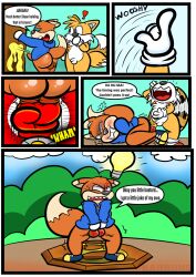 anthro balls blue_eyes bodily_fluids bottomless boxing_gloves canid canine clothed clothing coat cock_and_balls_torture comic conker conker's_bad_fur_day dialogue duo english_text exhibitionism footwear fox fur genital_fluids genital_torture genitals gloves handwear hi_res jacket kaokaoarts laugh light_bulb male male/male mammal nude nude_anthro nude_male oddkao partially_clothed partially_clothed_anthro partially_clothed_male peeing peeing_on_tree penis profanity public public_urination punch rareware red_body red_fur red_squirrel_(arsemaus) rodent sciurid sega shoes sonic_(series) sonic_the_hedgehog_(series) speech_bubble tails tails_the_fox text topwear tree_squirrel urine yellow_body yellow_fur