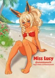 anthro beach bikini bikini_bottom bikini_top biped blonde_hair blue_eyes clothing ears_up eeveelution fan_character feet female female_anthro flareon fur generation_1_pokemon grass hair long_hair misslulumochi nintendo orange_body orange_fur plant pokemon pokemon_(species) pokemorph ponytail red_bikini red_bikini_top red_clothing red_swimwear sea seaside sitting sitting_on_ground sky smile solo sparkles summer swimwear two-piece_swimsuit water