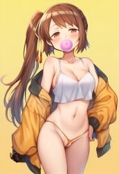 ai_generated artist_logo brown_eyes brown_hair bubble_gum hi_res hourglass_figure jacket madoka_worship magia_record:_mahou_shoujo_madoka_magica_gaiden magical_girl mahou_shoujo_madoka_magica medium_breasts panties ponytail puella_magi_madoka_magica pussy_peek seductive side_ponytail simple_background thong topwear wide_hips yui_tsuruno