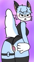 blue_body blue_fur blue_hair blue_skin female fluids_genitals furry furry_female genitals glasses looking_at_viewer looking_back lubricant partially_nude partially_visible_vulva pussy soaked_clothes soaked_panties tight_clothes tight_clothing vagina wet_clothes wet_clothing wet_panties