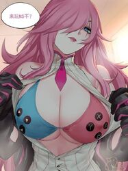 1girls battle_academia_katarina battle_academia_series big_breasts bra breasts cleavage clothed exposing female flashing katarina_du_couteau league_of_legends looking_at_viewer pd presenting_breasts scar showing speech_bubble