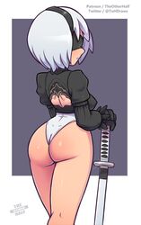1girls android artist_name ass big_ass blindfold curvy female female_only hair nier nier:_automata patreon solo the_other_half thighs url video_games watermark white_hair yorha_2b
