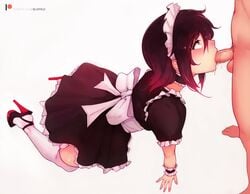 1boy 1girls balls blowjob bluefield erection fellatio female high_heels maid maid_headdress maid_uniform male oral penis ruby_rose rwby straight testicles uncensored